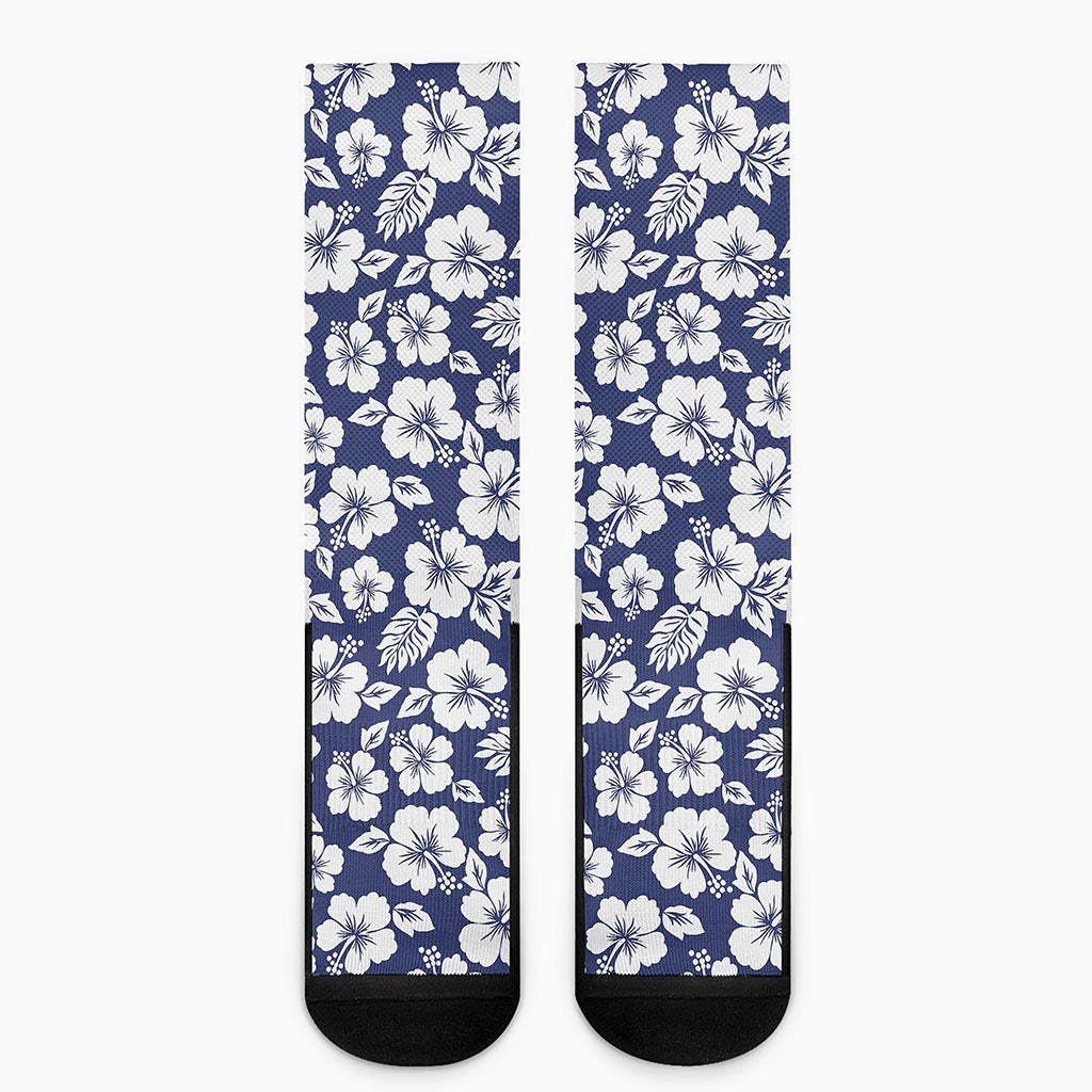 White Blue Hibiscus Floral Pattern Print Crew Socks