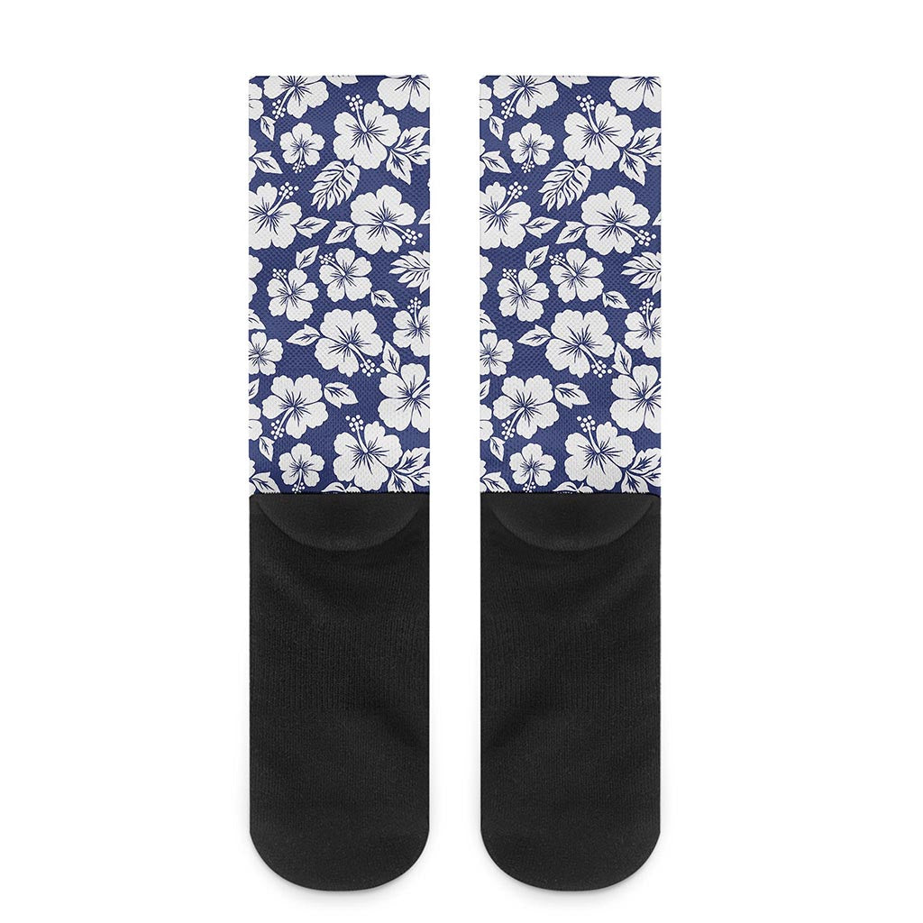 White Blue Hibiscus Floral Pattern Print Crew Socks