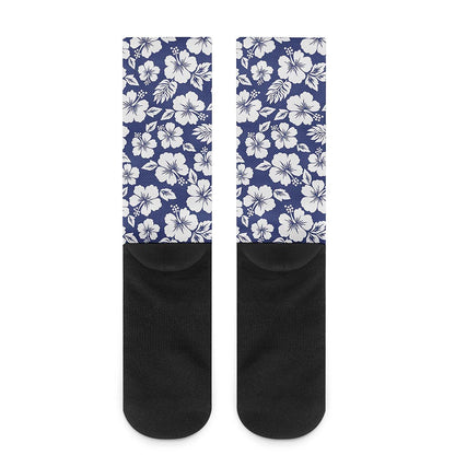 White Blue Hibiscus Floral Pattern Print Crew Socks
