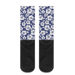 White Blue Hibiscus Floral Pattern Print Crew Socks