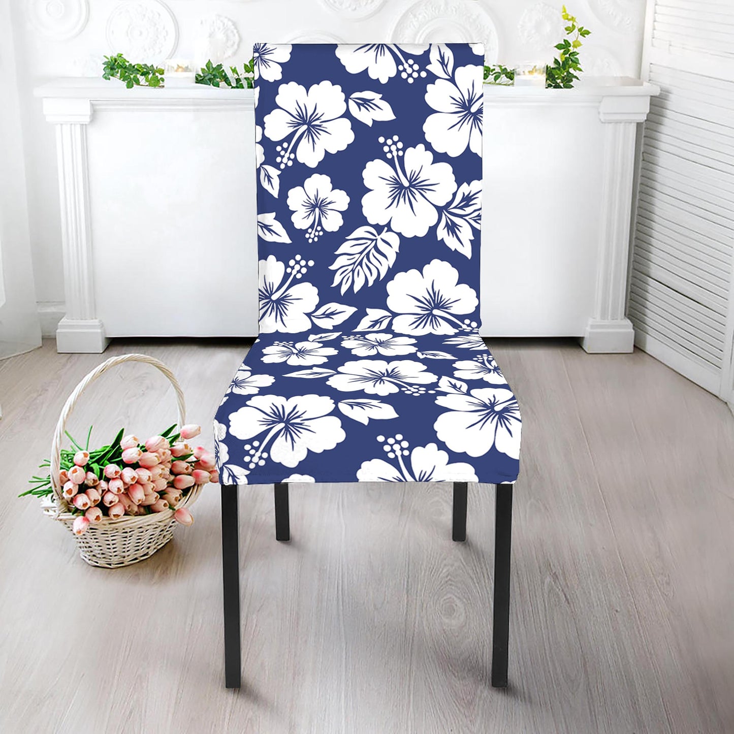 White Blue Hibiscus Floral Pattern Print Dining Chair Slipcover