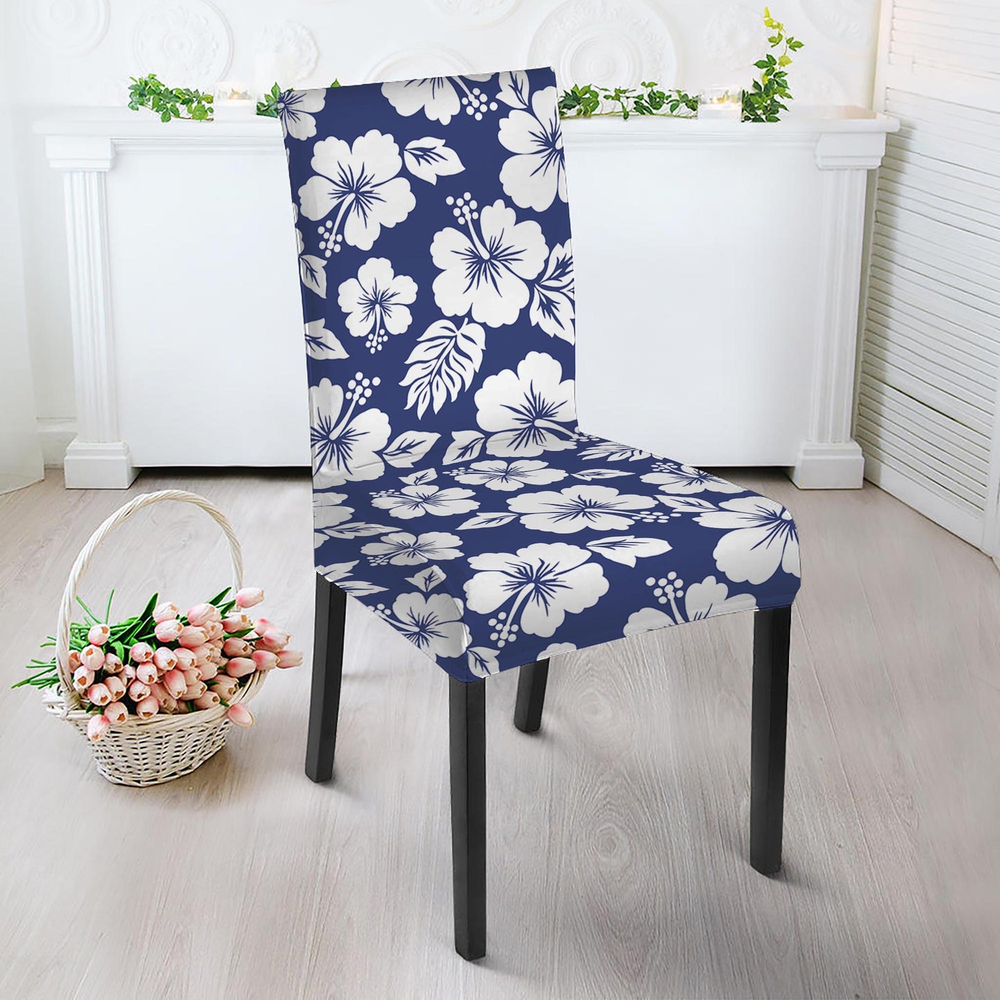 White Blue Hibiscus Floral Pattern Print Dining Chair Slipcover