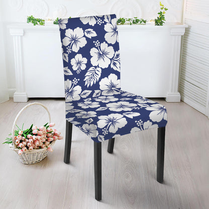 White Blue Hibiscus Floral Pattern Print Dining Chair Slipcover