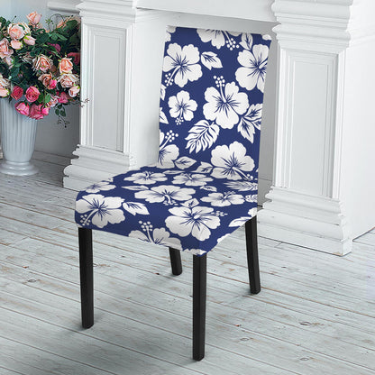 White Blue Hibiscus Floral Pattern Print Dining Chair Slipcover