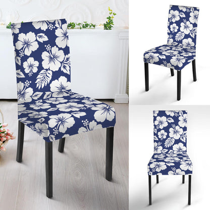 White Blue Hibiscus Floral Pattern Print Dining Chair Slipcover