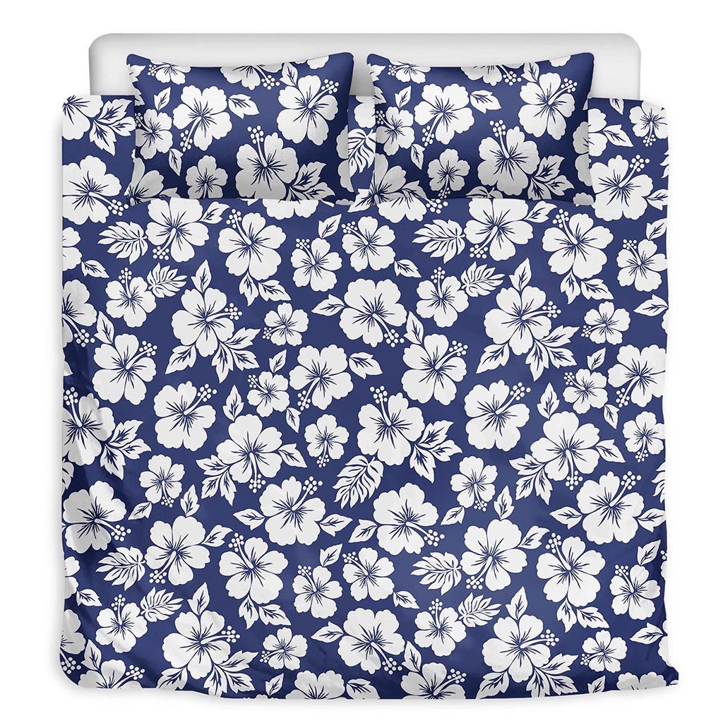 White Blue Hibiscus Floral Pattern Print Duvet Cover Bedding Set