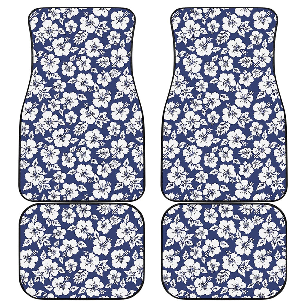 White Blue Hibiscus Floral Pattern Print Front and Back Car Floor Mats