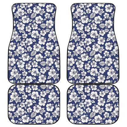 White Blue Hibiscus Floral Pattern Print Front and Back Car Floor Mats