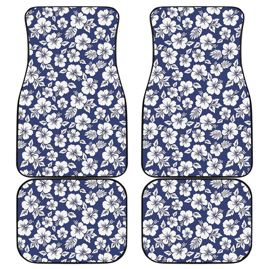 White Blue Hibiscus Floral Pattern Print Front and Back Car Floor Mats