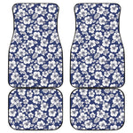 White Blue Hibiscus Floral Pattern Print Front and Back Car Floor Mats