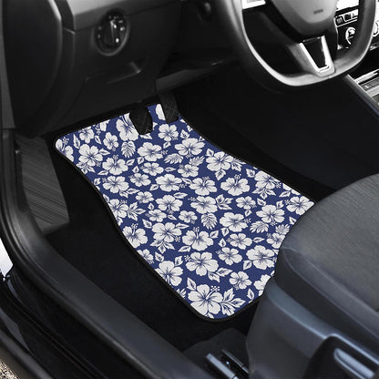 White Blue Hibiscus Floral Pattern Print Front and Back Car Floor Mats