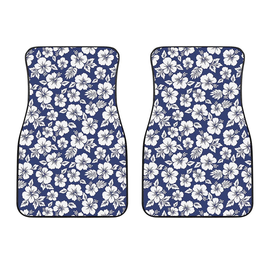 White Blue Hibiscus Floral Pattern Print Front Car Floor Mats