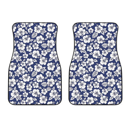 White Blue Hibiscus Floral Pattern Print Front Car Floor Mats