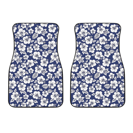White Blue Hibiscus Floral Pattern Print Front Car Floor Mats