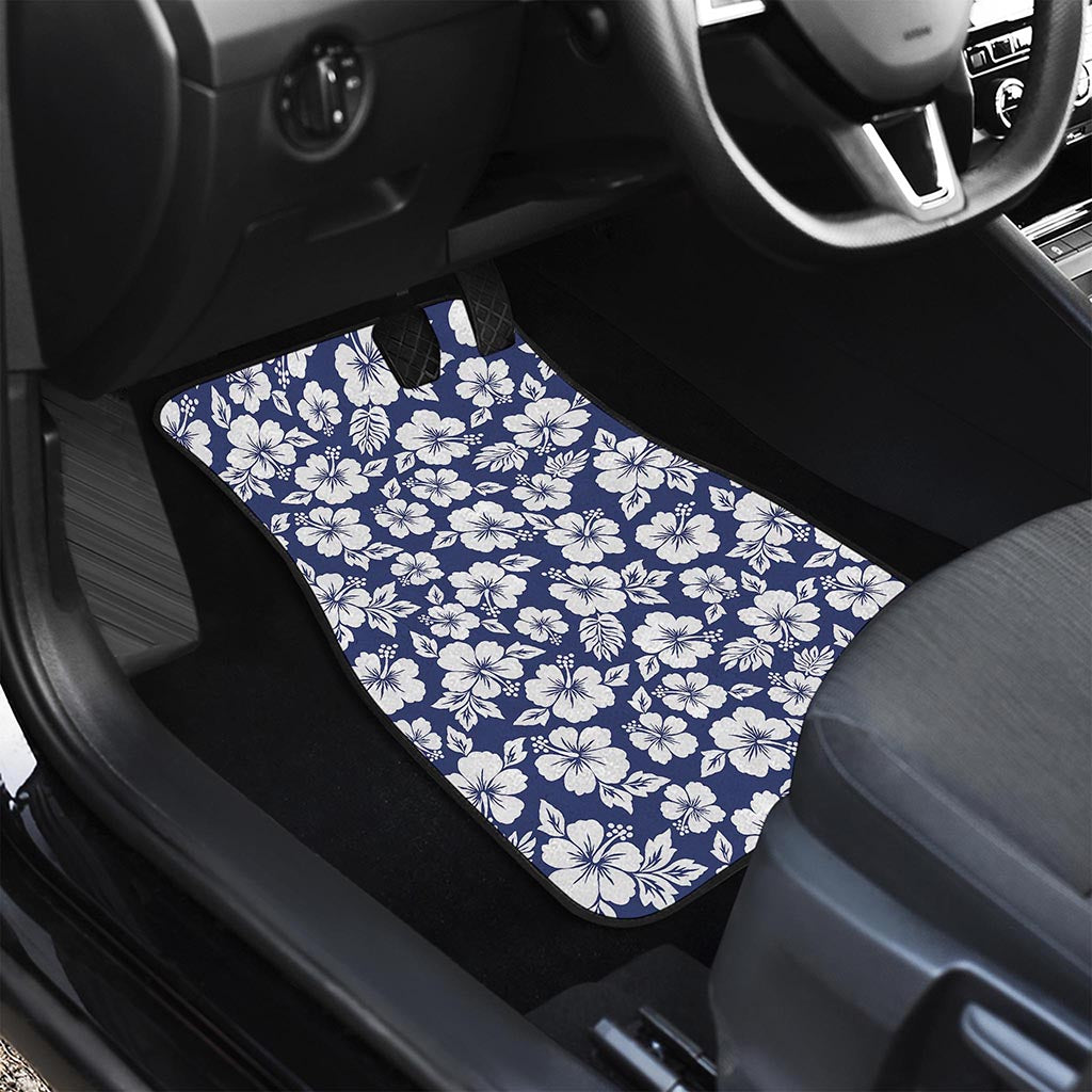 White Blue Hibiscus Floral Pattern Print Front Car Floor Mats