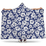 White Blue Hibiscus Floral Pattern Print Hooded Blanket
