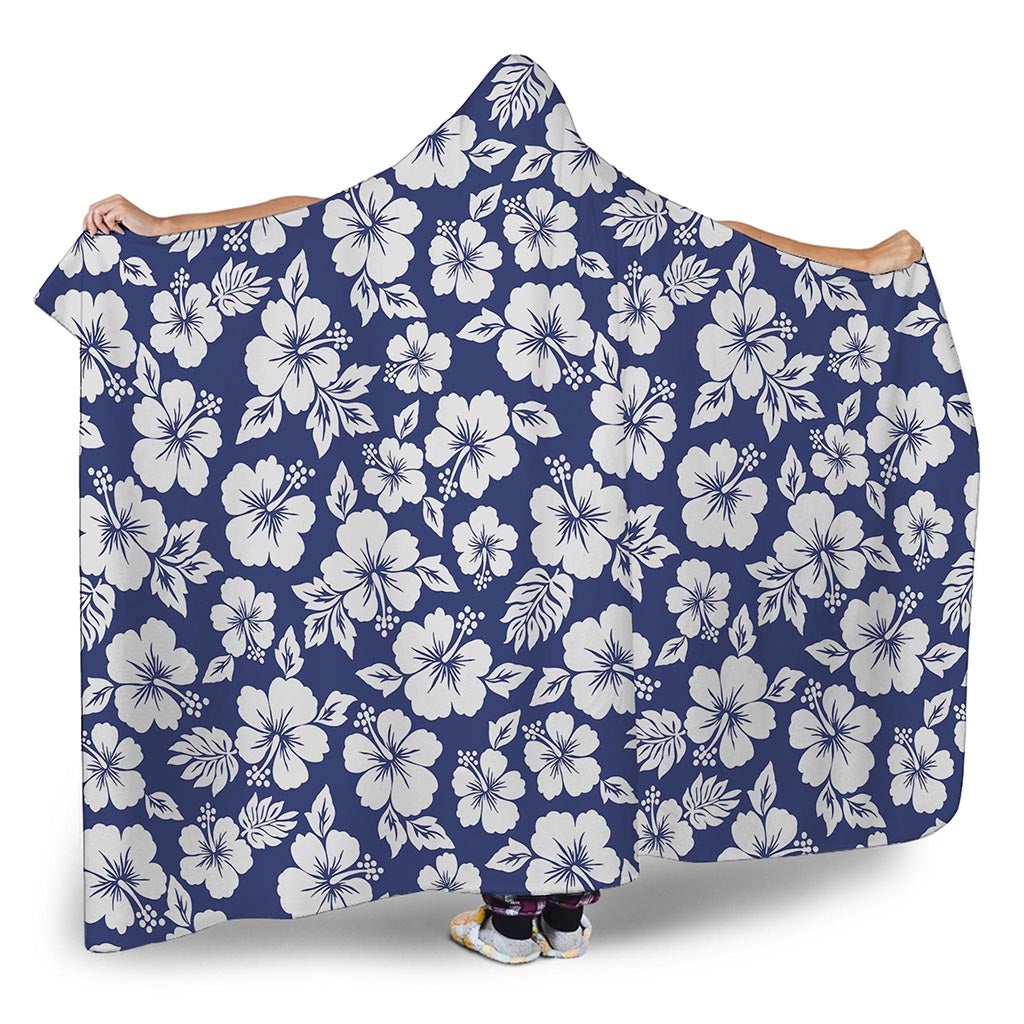 White Blue Hibiscus Floral Pattern Print Hooded Blanket
