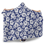White Blue Hibiscus Floral Pattern Print Hooded Blanket