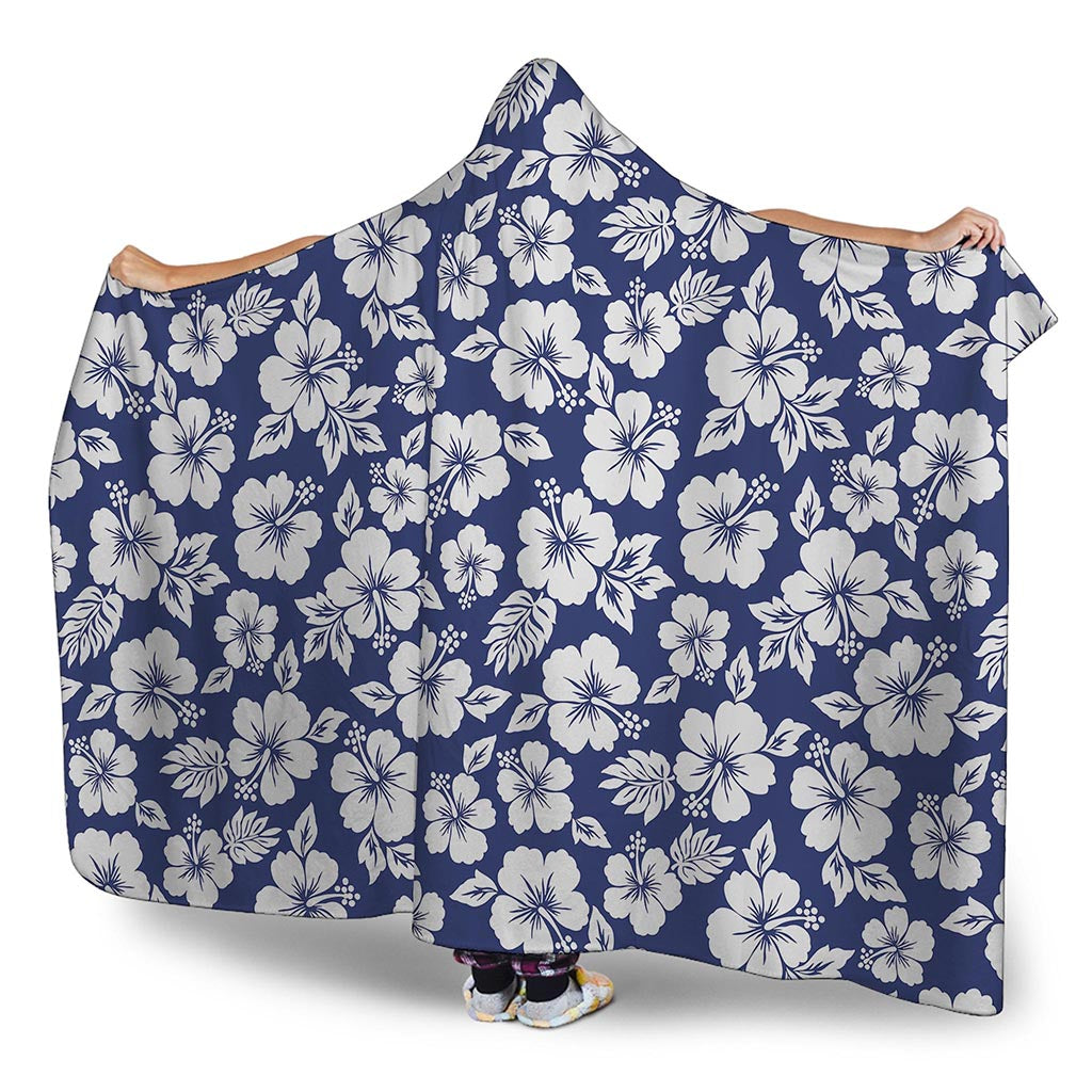 White Blue Hibiscus Floral Pattern Print Hooded Blanket