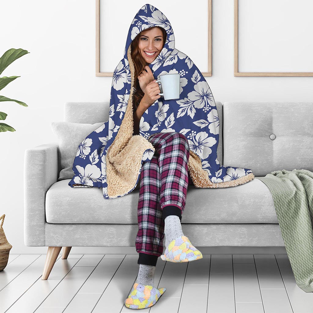 White Blue Hibiscus Floral Pattern Print Hooded Blanket