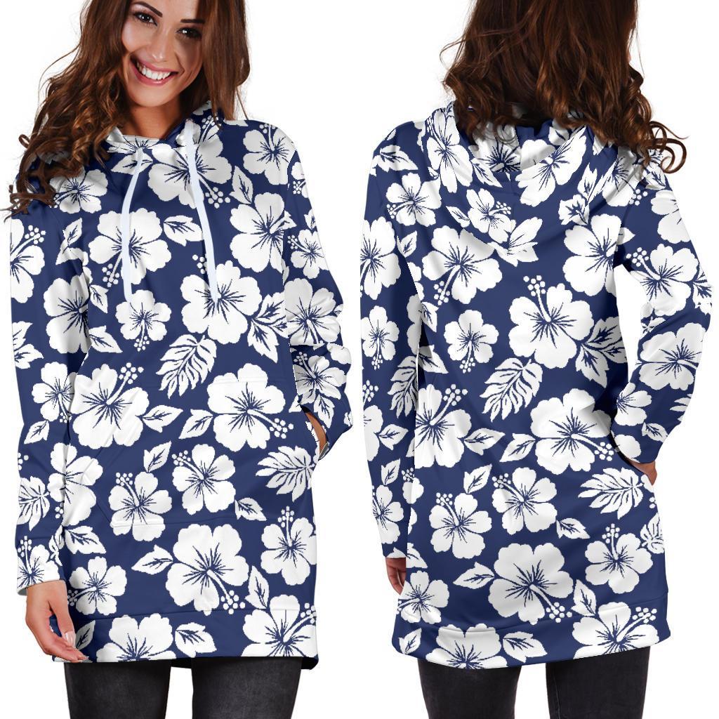 White Blue Hibiscus Floral Pattern Print Hoodie Dress GearFrost