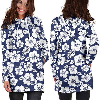 White Blue Hibiscus Floral Pattern Print Hoodie Dress GearFrost