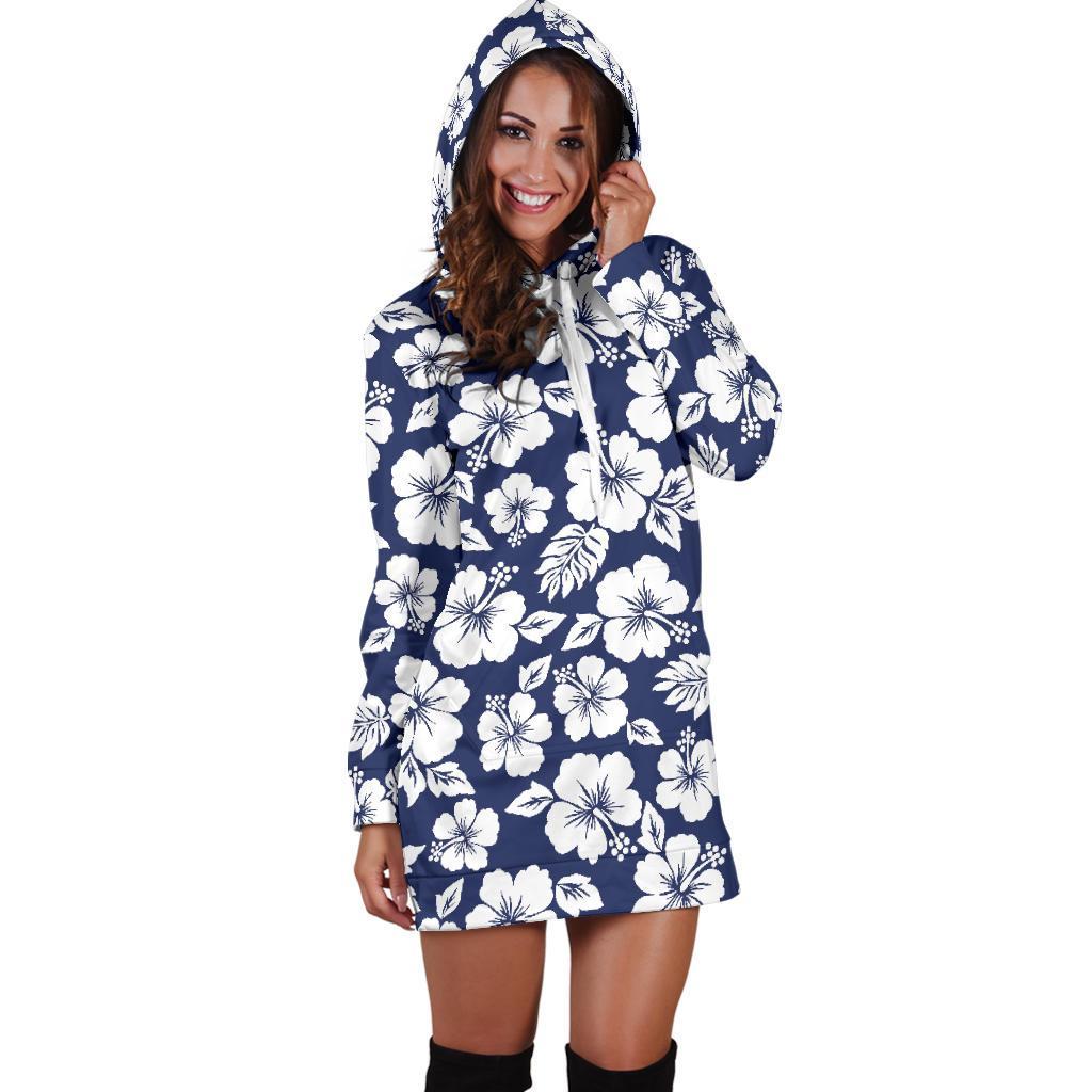 White Blue Hibiscus Floral Pattern Print Hoodie Dress GearFrost