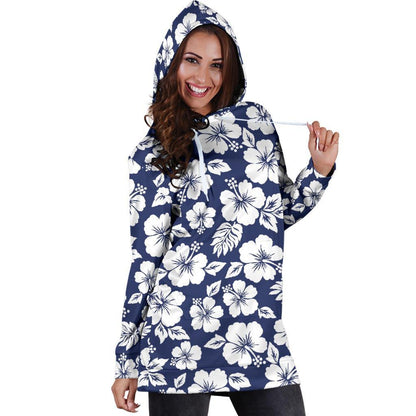 White Blue Hibiscus Floral Pattern Print Hoodie Dress GearFrost