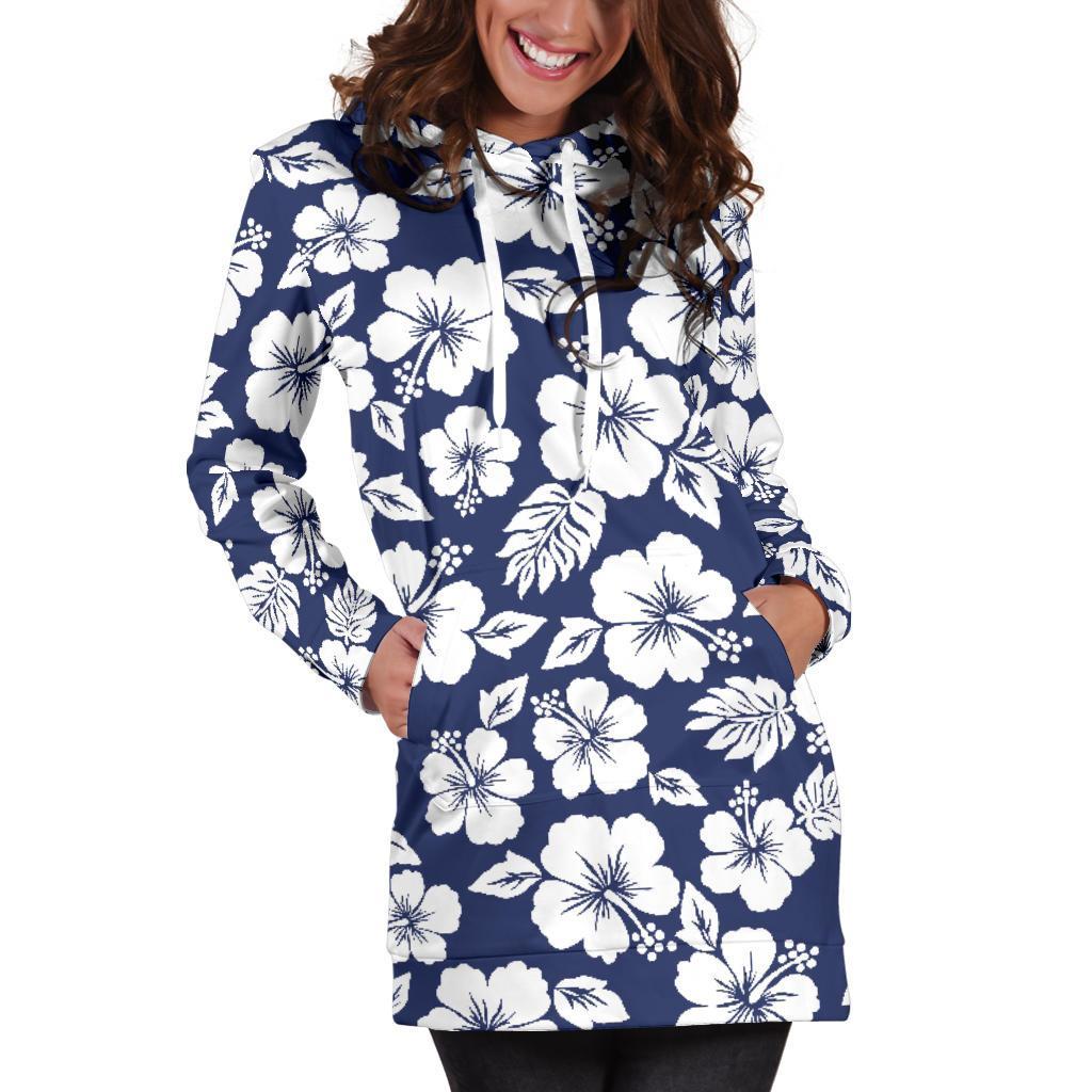 White Blue Hibiscus Floral Pattern Print Hoodie Dress GearFrost