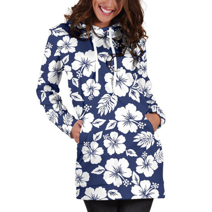 White Blue Hibiscus Floral Pattern Print Hoodie Dress GearFrost