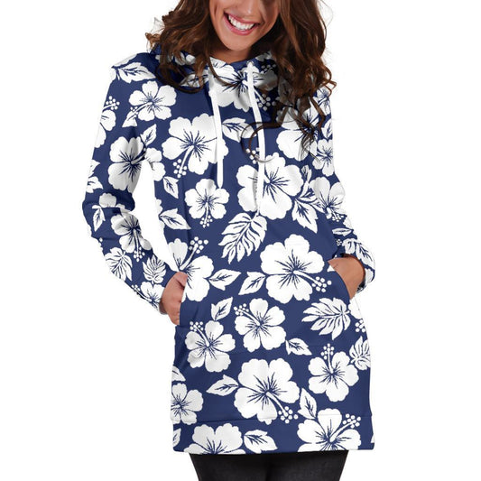 White Blue Hibiscus Floral Pattern Print Hoodie Dress GearFrost