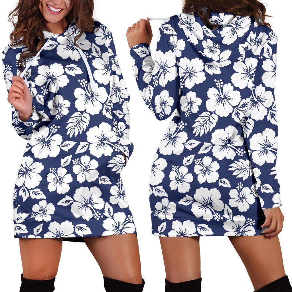 White Blue Hibiscus Floral Pattern Print Hoodie Dress GearFrost