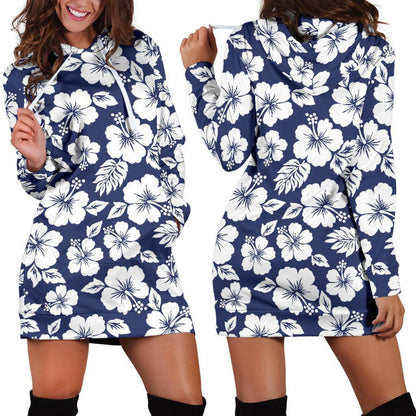 White Blue Hibiscus Floral Pattern Print Hoodie Dress GearFrost