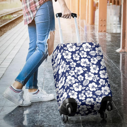 White Blue Hibiscus Floral Pattern Print Luggage Cover GearFrost
