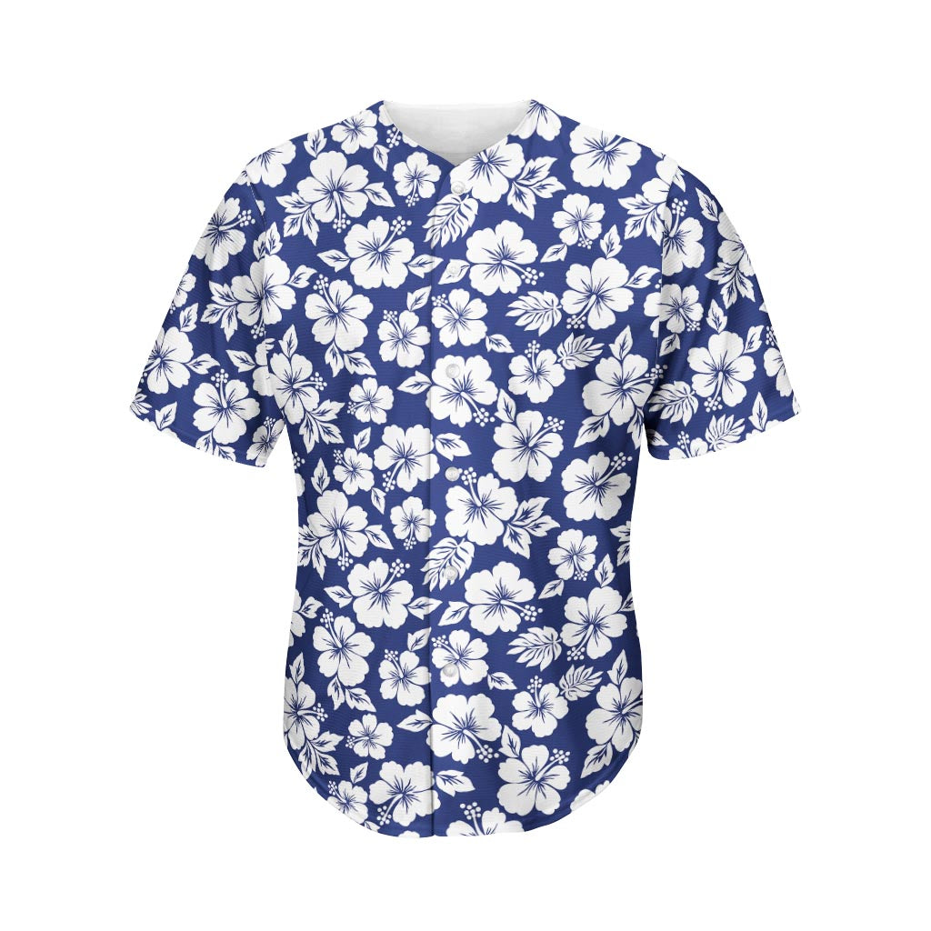 White Blue Hibiscus Floral Pattern Print Men's Baseball Jersey