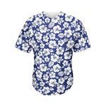 White Blue Hibiscus Floral Pattern Print Men's Baseball Jersey