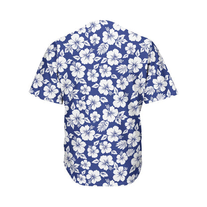White Blue Hibiscus Floral Pattern Print Men's Baseball Jersey