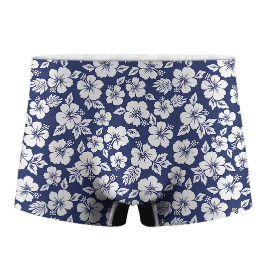 White Blue Hibiscus Floral Pattern Print Men's Boxer Briefs