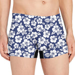 White Blue Hibiscus Floral Pattern Print Men's Boxer Briefs
