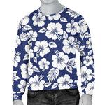 White Blue Hibiscus Floral Pattern Print Men's Crewneck Sweatshirt GearFrost