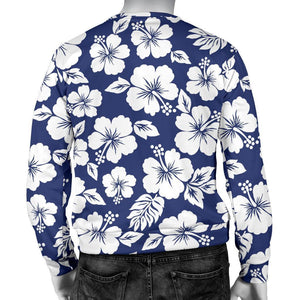 White Blue Hibiscus Floral Pattern Print Men's Crewneck Sweatshirt GearFrost