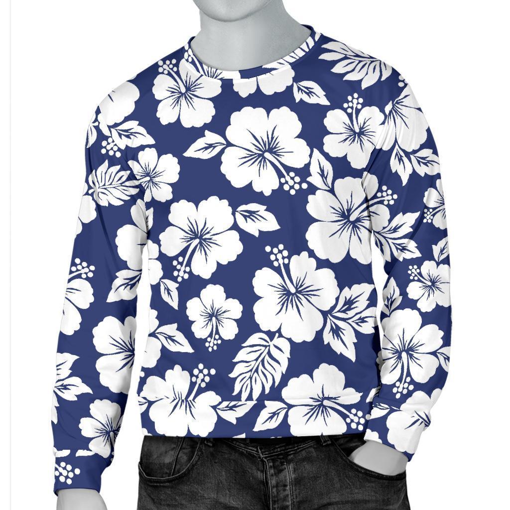 White Blue Hibiscus Floral Pattern Print Men's Crewneck Sweatshirt GearFrost