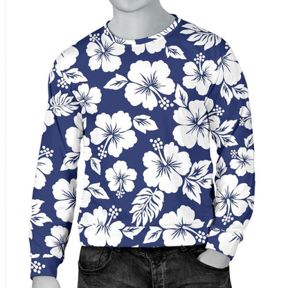 White Blue Hibiscus Floral Pattern Print Men's Crewneck Sweatshirt GearFrost