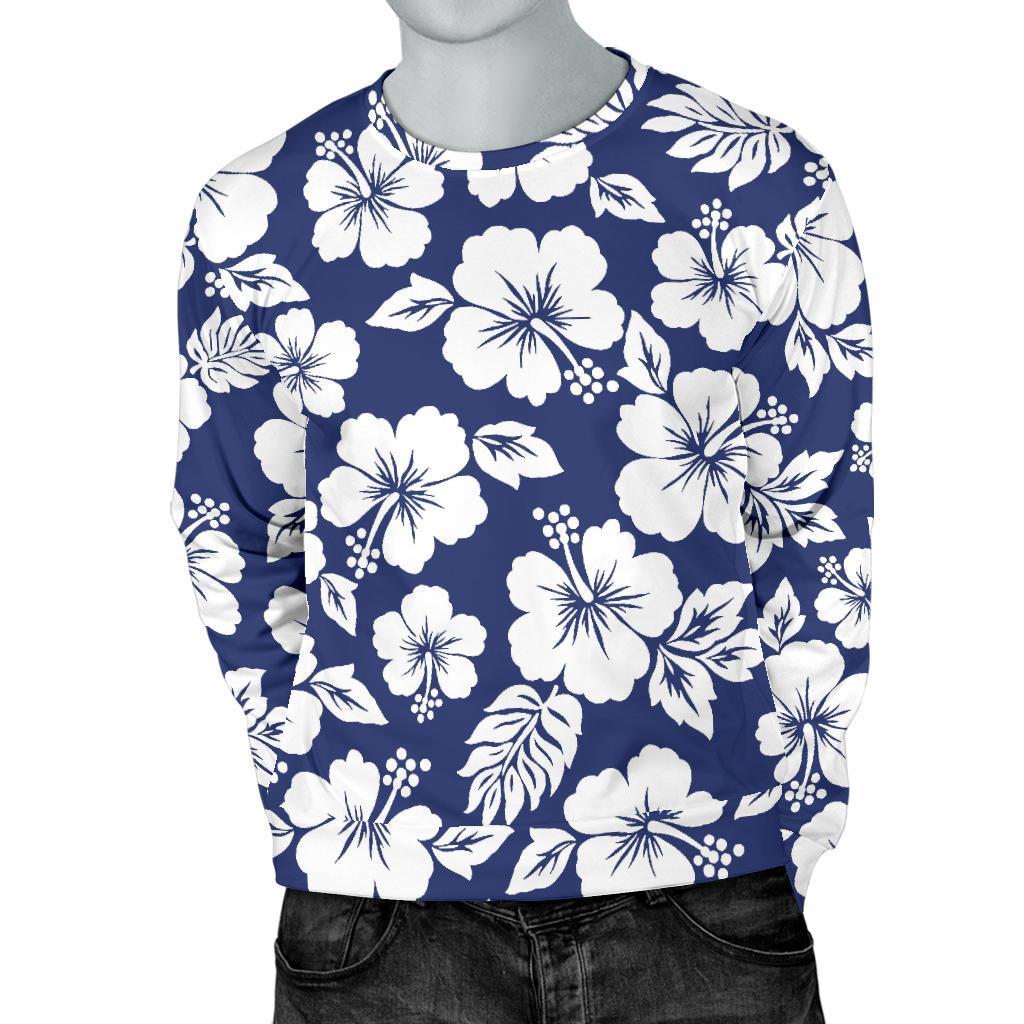 White Blue Hibiscus Floral Pattern Print Men's Crewneck Sweatshirt GearFrost