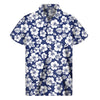 White Blue Hibiscus Floral Pattern Print Men's Short Sleeve Shirt