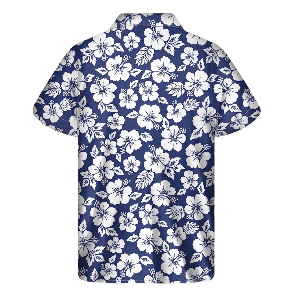 White Blue Hibiscus Floral Pattern Print Men's Short Sleeve Shirt