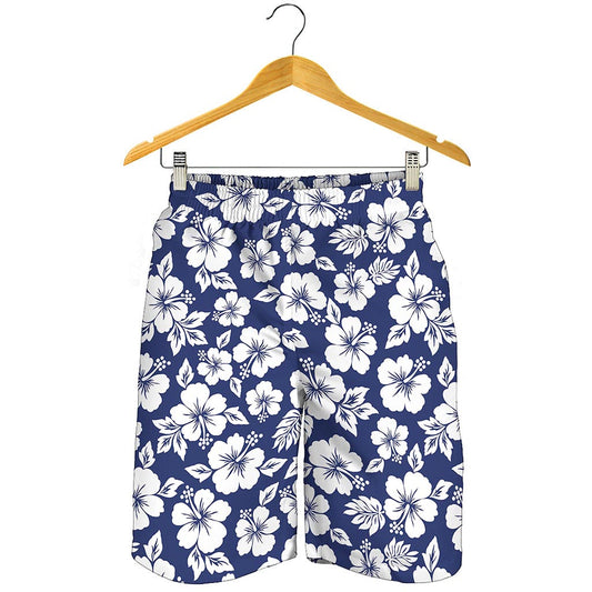 White Blue Hibiscus Floral Pattern Print Men's Shorts