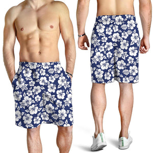 White Blue Hibiscus Floral Pattern Print Men's Shorts