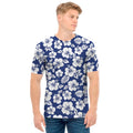 White Blue Hibiscus Floral Pattern Print Men's T-Shirt