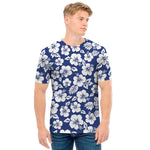 White Blue Hibiscus Floral Pattern Print Men's T-Shirt